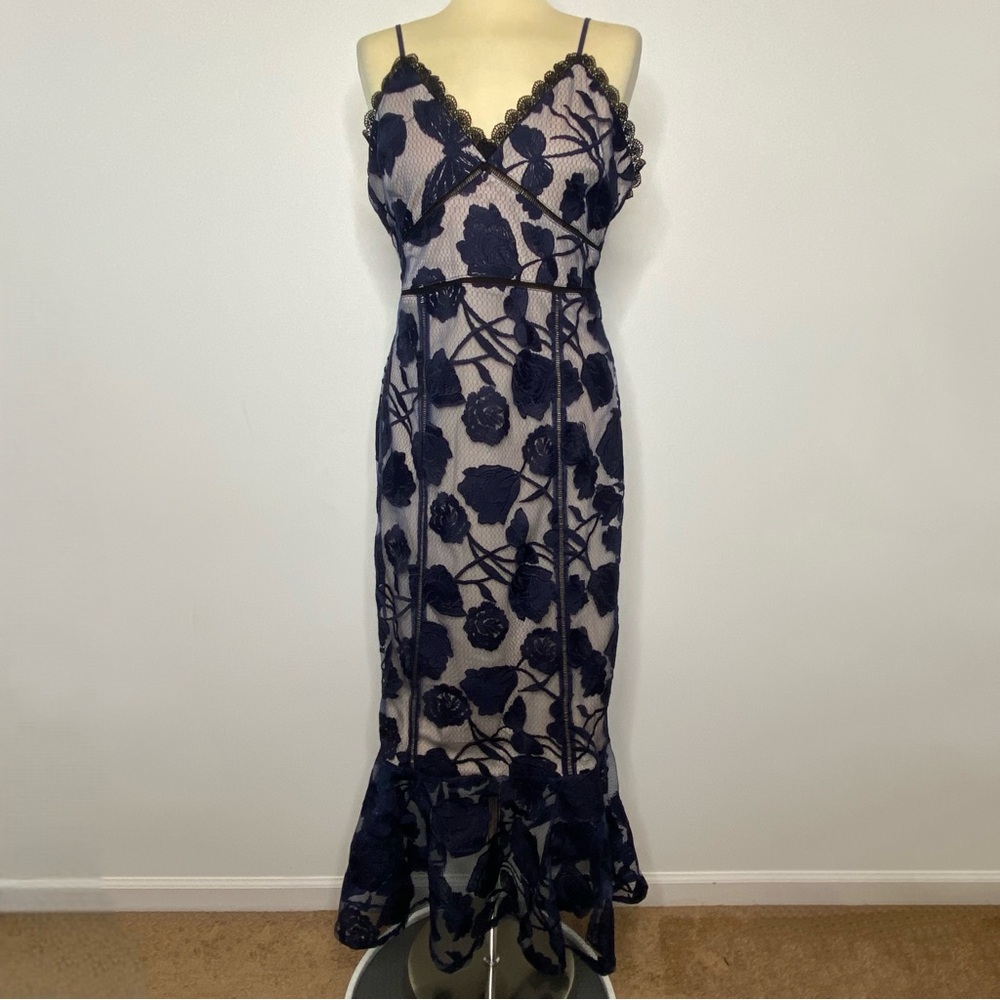 Lulus Alluring Dream Navy Blue Floral Mesh Lace Trumpet Midi Dress - Picture 2 of 15